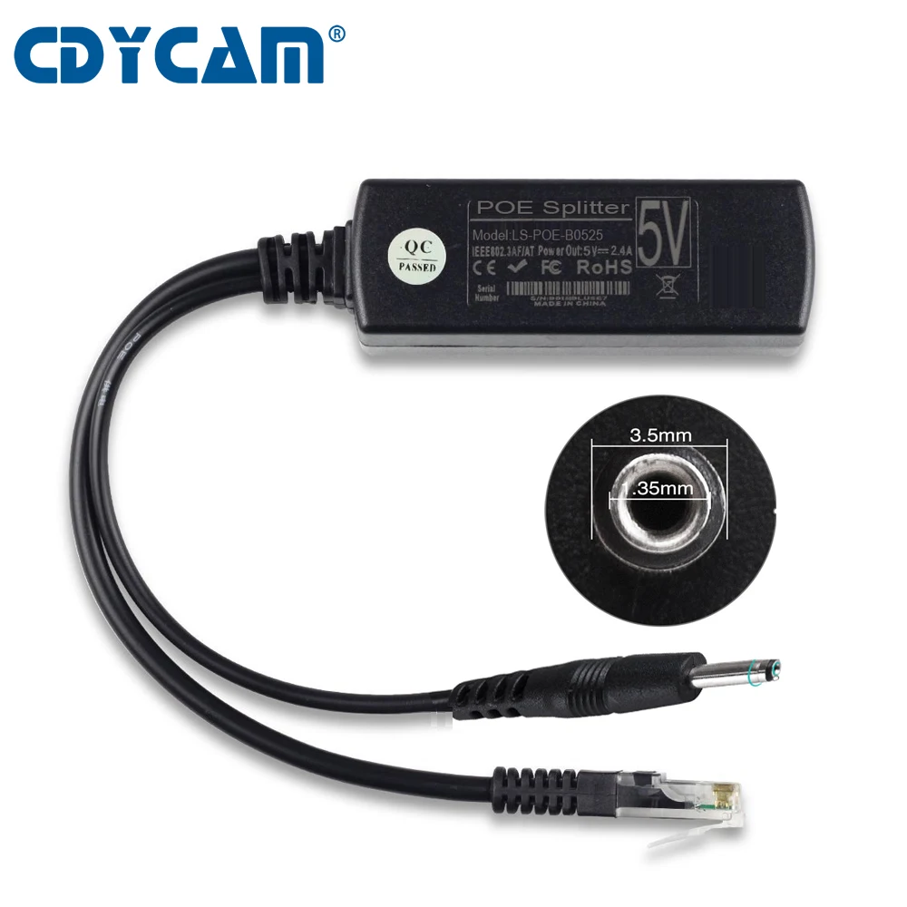 

Cdycam IEEE 802.3af DC3.5*1.35mm Active PoE Splitter Power Over Ethernet 48V to 5V 2.4A for IP Camera