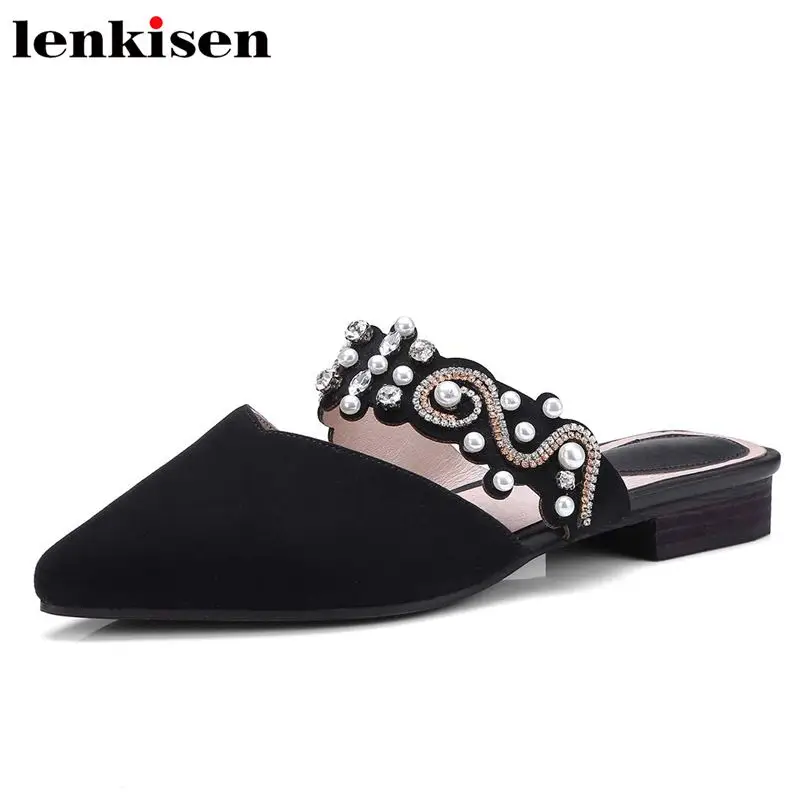 

Lenkisen gentlewoman mature slip on crystal pearl beading pointed toe solid low heel concise elegant easeful women sandals L5f3