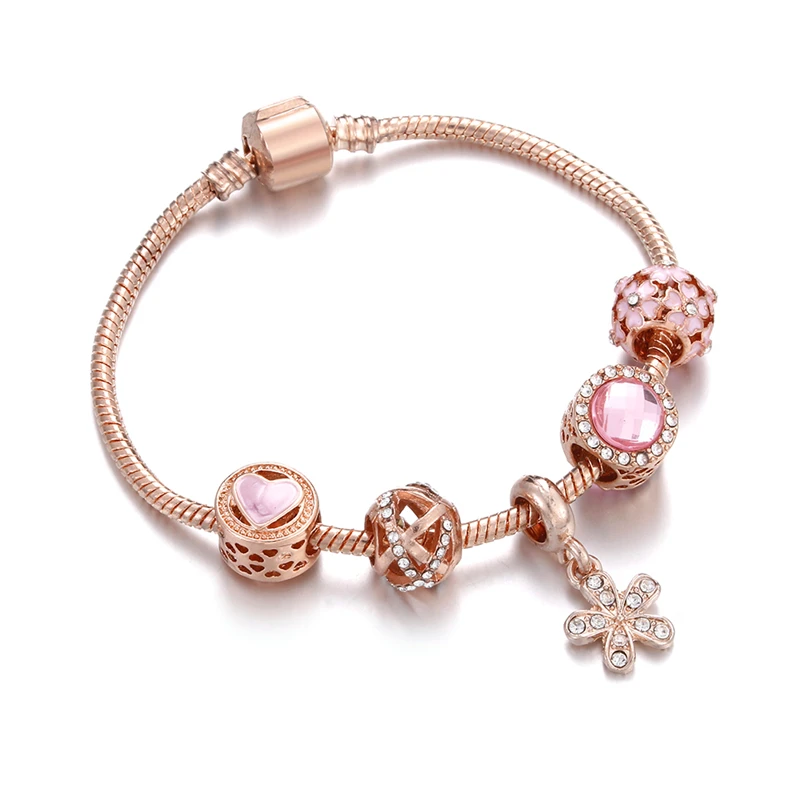 Розовое золото браслет для женщин Сердце Звезда цветок кисточкой шар кулон хрустальные бусины Шарм Браслеты и браслеты Ювелирные изделия Подарки для девочек