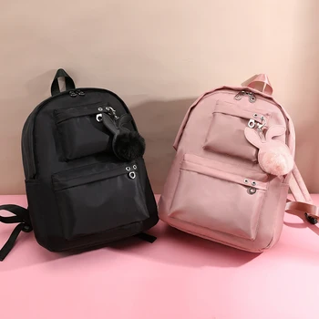 

Fashion 2019 Backpack Women Preppy School Bags For Teenagers Backpack Female Nylon Travel Bags Girls fur ball Backpack Mochilas
