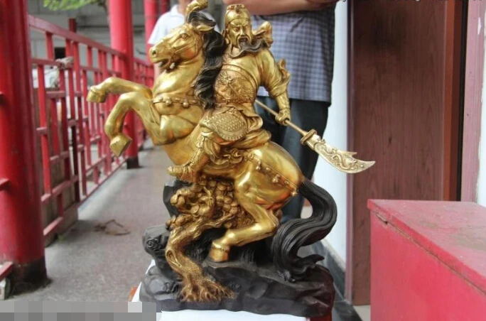 

20" Chinese Copper Bronze Gild Dragon Guan Gong Hold Sword Ride on Horse Statue