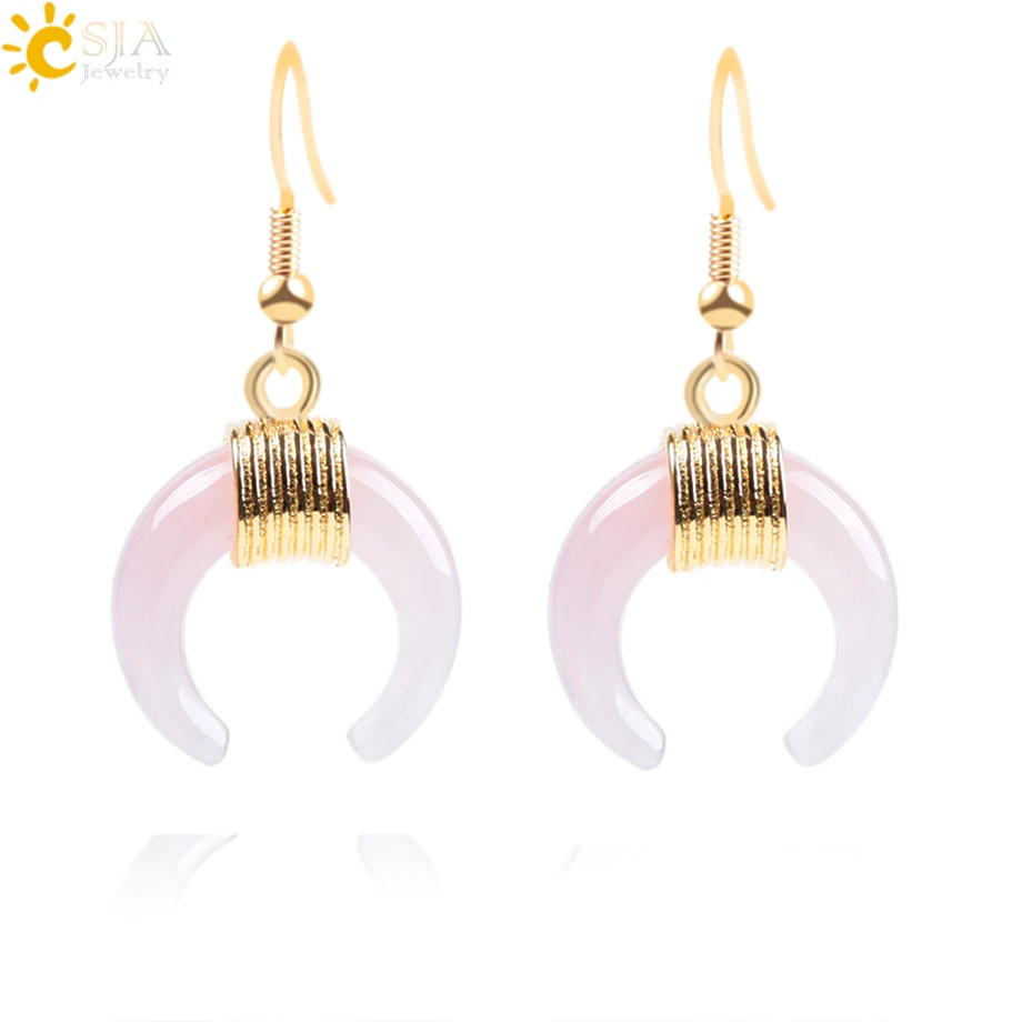 

CSJA Natural Gem Stone Crescent Half Moon Earring Gold Color Wire Wrapped Purple Pink Quartz Tiger Eye DIY Handmade Jewelry F062