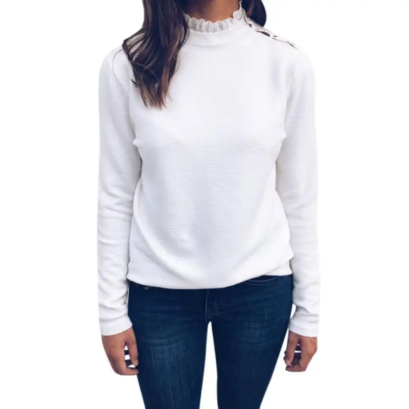 

Women Sexy Lace Sweater Autumn Winter Round Neck Button Solid Color Long-Sleeved Casual Tops New