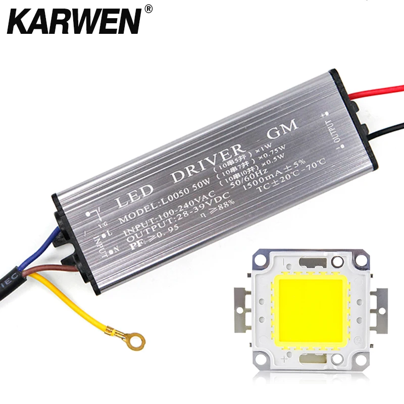 

KARWEN Real Watt LED chips & Driver 10W 20W 30W 50W LED Integrated with Transformer IP67 Led Driver DIY Floodlight Spotlight