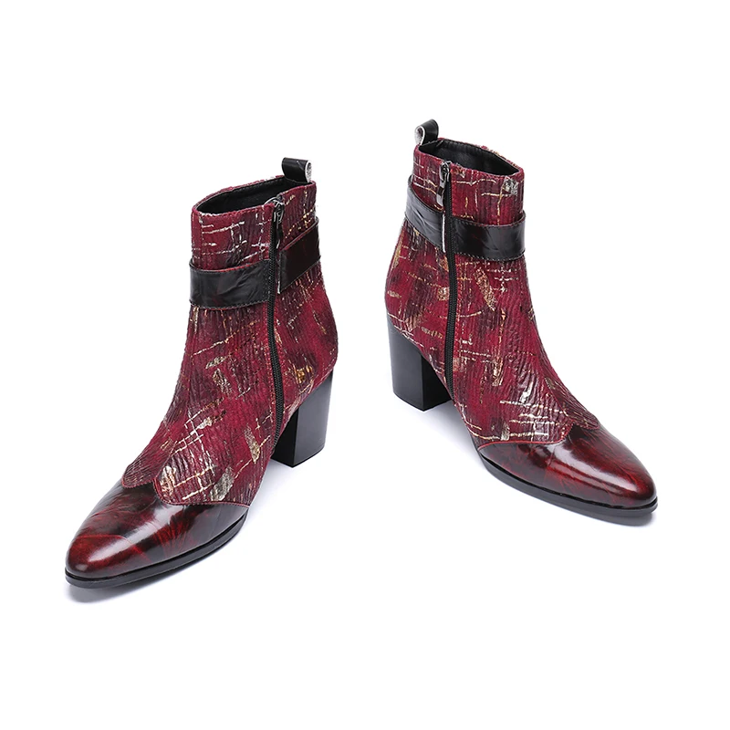 Cuero Botas Aumento Boda red Tacón Moda Trabajo Carrera Alto La Nuevos Hombres Tobillo Hebilla Impresión Los Zapatos Altura De Black q8nYfgS