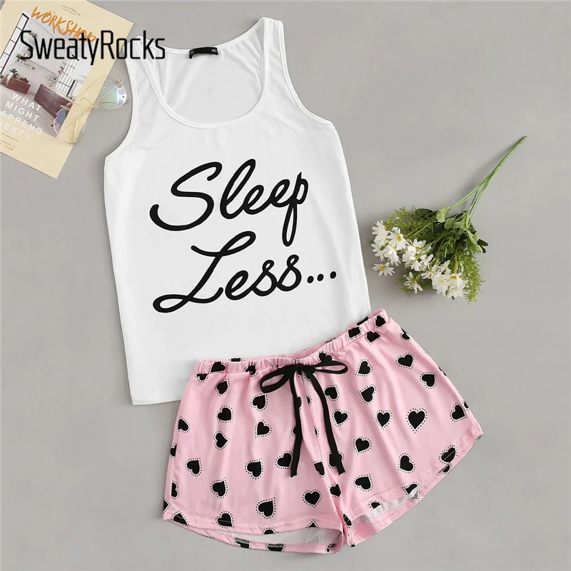 

SweatyRocks Letter Print Tank Top And Allover Heart Print Shorts PJ Set Sleeveless Kawayi Nightwear Summer Women Pajama Sets