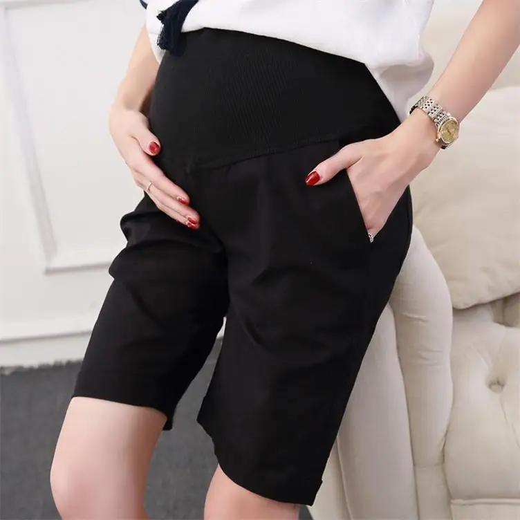 Летние хлопковые и льняные Короткие штаны для беременных женщин; одежда больших размеров; Одежда для беременных; шорты; обтягивающие M-4XL - Цвет: Черный