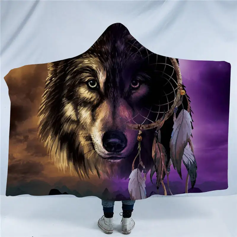 Wolf Collection Hooded Blanket Wolves Painting Sherpa Fleece Wearable
