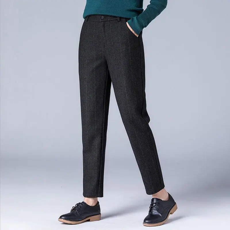 Women Fall Winter Warm Wool Skinny Pants Casual High Waisted Gray