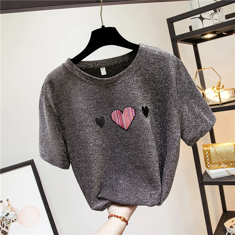 

MUMUZI slim short-sleeved t-shirt women's sweet heart shape bottoming shirt heart bling women summer tops shirts tee