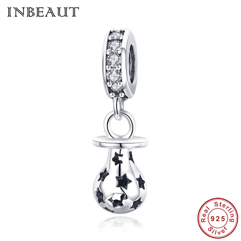 

INBEAUT Women Necklace Pendant 925 Sterling Silver Cute Little Baby Pacifier Carved Black Star Charm Beads fit Trendy Bracelet