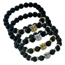 Hot Sale Animal Owl Head Bracelet Letter Live With Natural Black Lava Rock Stone Energy Men Beaded Bracelets For Women