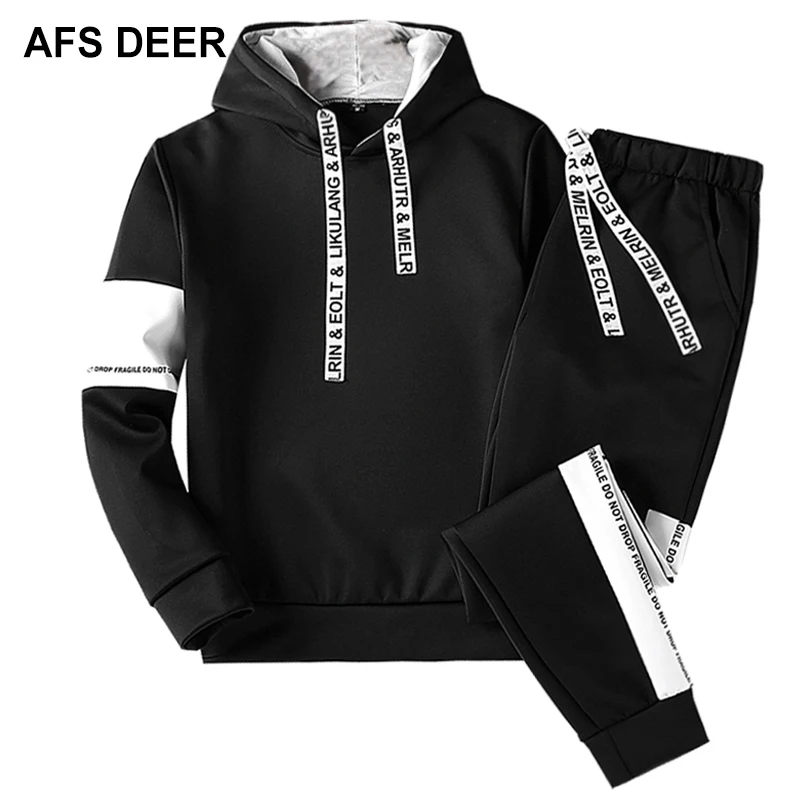 Men Set Elastic Waist Sportwear Ribbon Letter Print Sweatshirt White Hoodie+Pant Two Piece Set Casual Tracksuit Men Clothes 2018