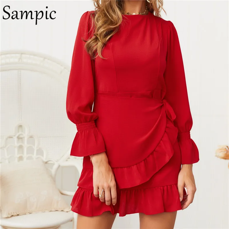 

Sampic Vintage Ruffle Flare Long Sleeve Mini Dress High Waist Women Summer Office Dress Black Red Pink Elegant Party Dresses