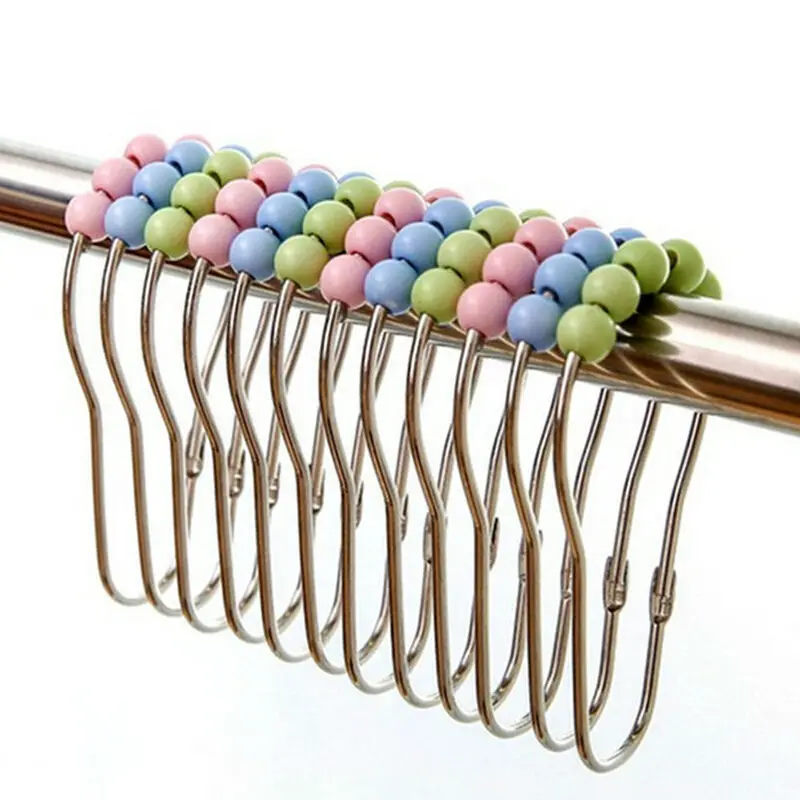 4pcs 5 Roller ball Color Shower Curtain Hooks Glide Rings DIY Bathroom