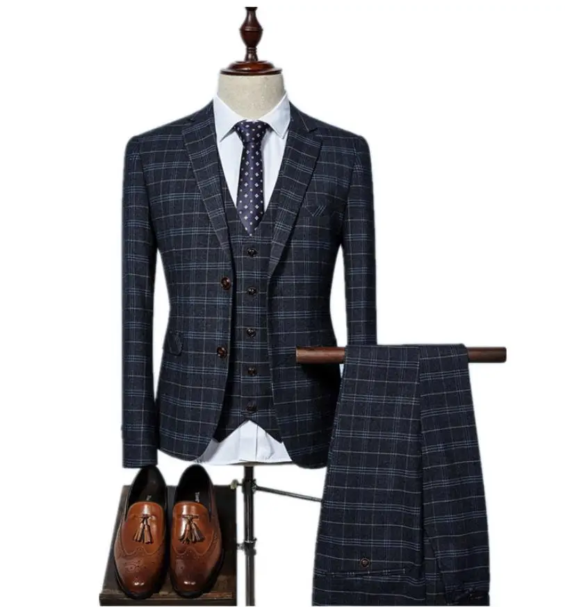 (Jacket+Vest+Pants) 2018 grid Men Suits Fashion wool Men's Slim Fit business wedding Suit men Wedding suit 3 colors (Jacket+Vest+Pants) 2018 grid Men Suits Fashion wool Men's Slim Fit business wedding Suit men Wedding suit 3 colors