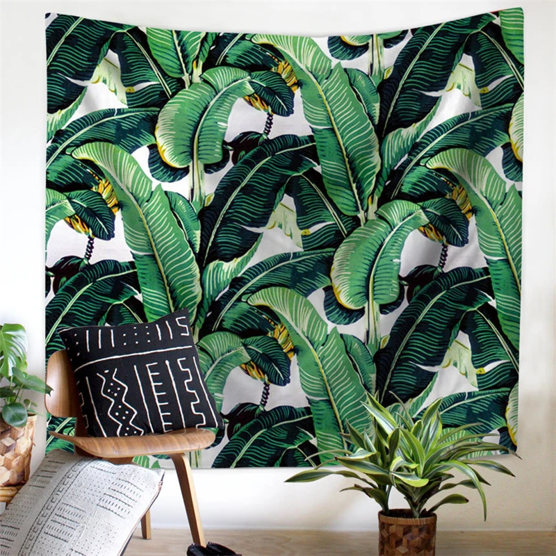 Green Banana Leaf Printed Hanging Tapestry Bedroom Carpet Livingroom Wall Tapestry Yoga Mat Home Decor Soft Polyester Tapestry