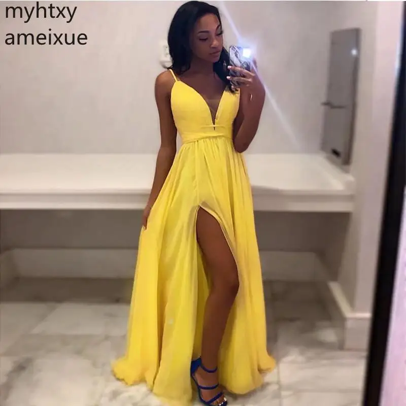 

2019 New Arrival Long Custom Evening Dress V-neck Spaghetti Straps Simple Yellow Chiffon Front Split Formal Party Robe De Soiree