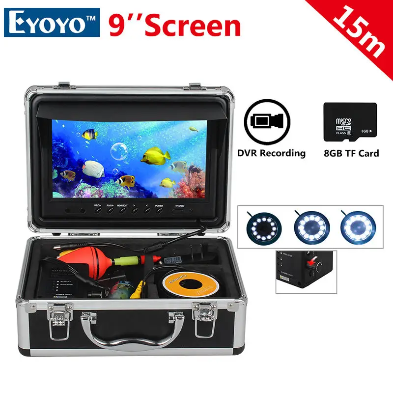 

Free shipping!EYOYO WF09 15m Cable 1000TVL Fish Finder 8GB 9" LCD Ocean Fishing Camera DVR Recorder