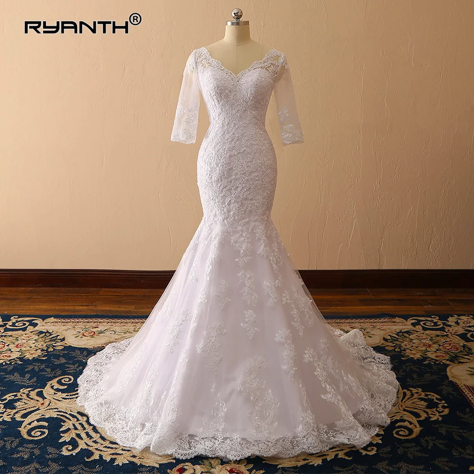 Ryanth Vestido de Novia с кружевом и жемчугом на высоком каблуке Свадебные платья Русалочки сексуальный v-образный вырез с коротким рукавом Свадебный платья свадебное платье для невесты