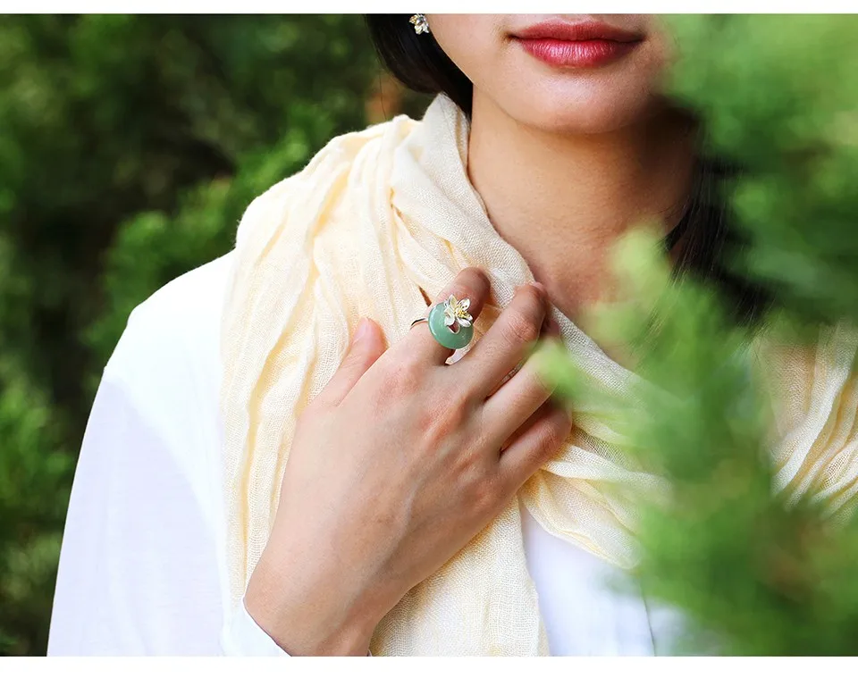 Lotus Fun реальные 925 серебро натуральный зеленый камень творческий ручной работы Fine Jewelry лотоса шепчет кольцо для женщин brincos