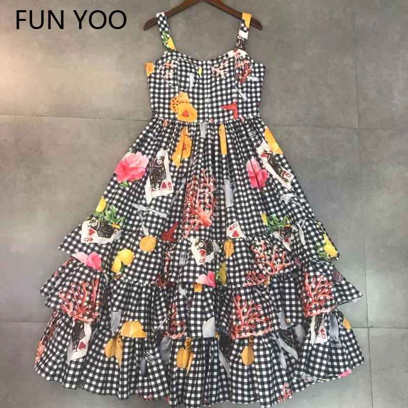 

2019 Summer Female Spaghetti Strap Cascading Ruffle Floral Colorful Dress Ball Gown Halter Mid-Calf Sweet Dress