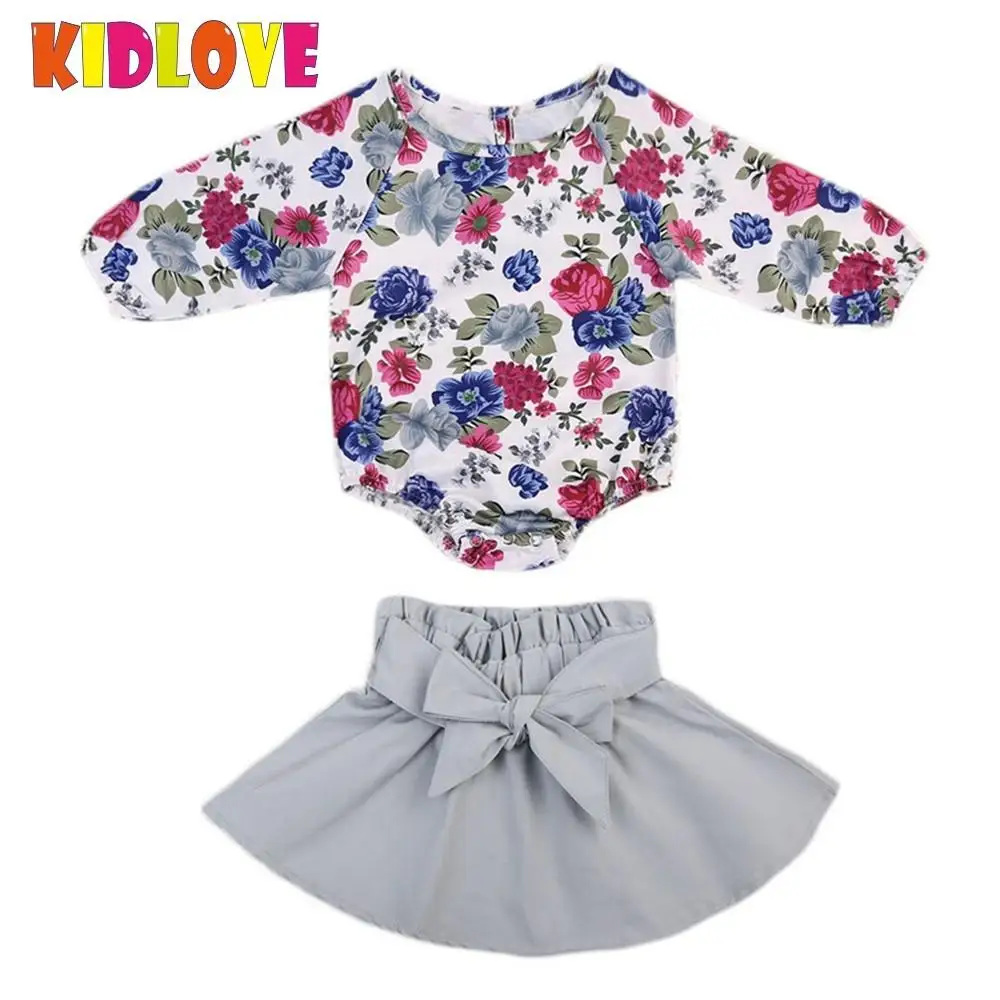 Kidlove 2 шт./компл. Одежда для маленьких девочек наряды Роза Цветочный принт комбинезон с большим бантом короткая юбка Серый комплект одежды zk30