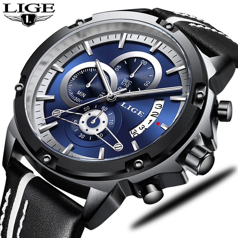 

New LIGE Montre Homme Luxe Men's Military Sport Watches Men Leather Waterproof Quartz Watch Chronograph Relogio Masculino + Box