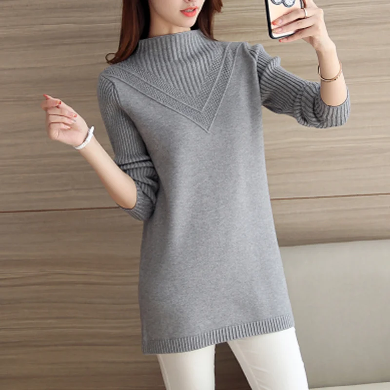 

Pullover Female medium long Sweater 2019 new autumn winter loose plus size half high collar Tops thick warm knit women Sweater