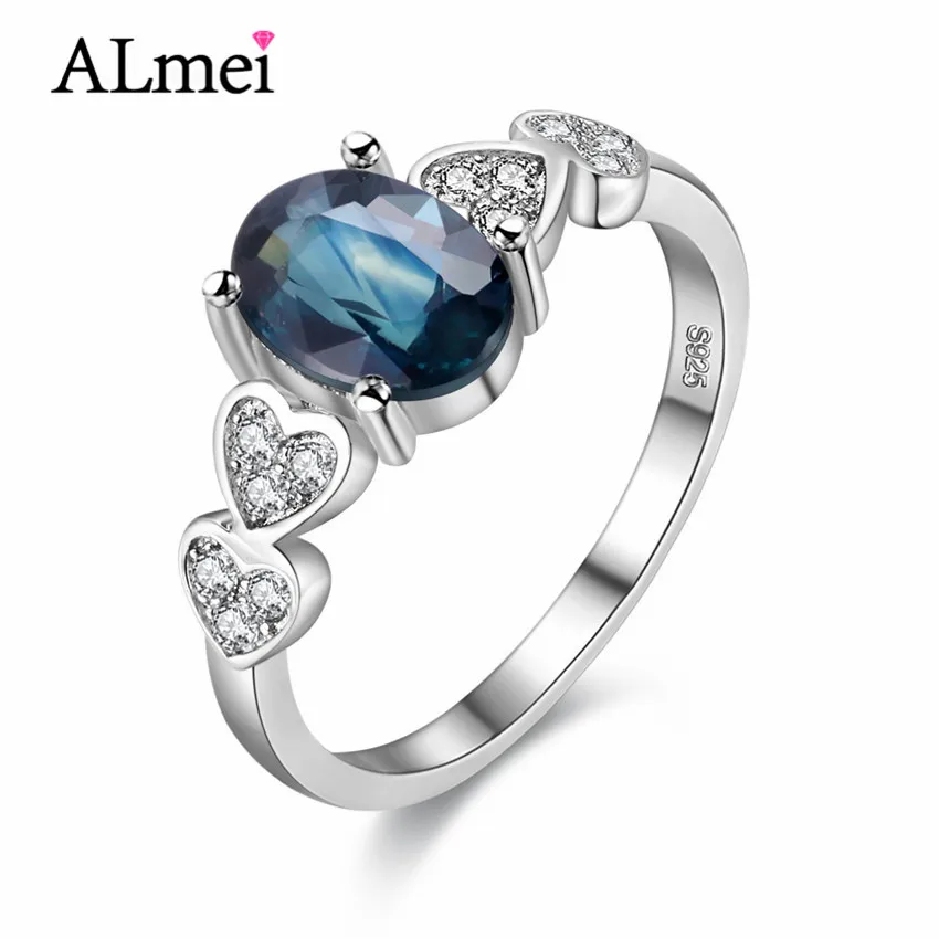 

Almei 0.7ct Natural Blue Sapphire Stone Retro Silver Wedding Engagement Ring S925 Fine Jewelry for Women with Box 40% FJ023