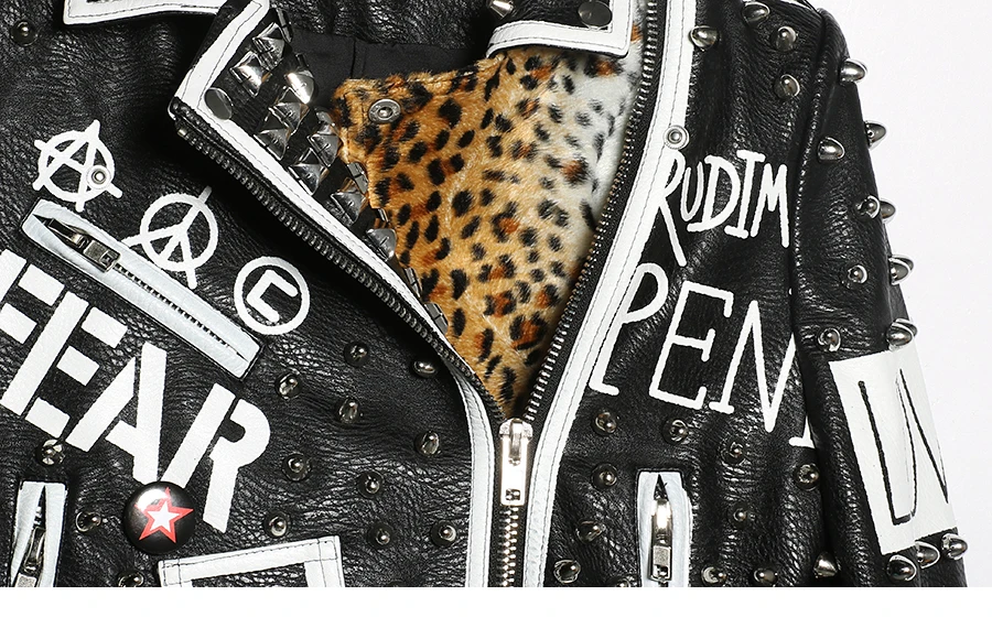 С леопардовым принтом из искусственной кожи Искусственная кожа мотоциклетные куртки в стиле панк-рок верхняя одежда в стиле граффити высокого уличный стиль бренд Для женщин с заклепками