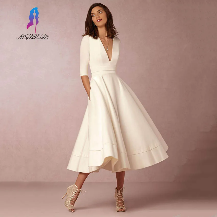 

Elegant Satin Half Sleeves Evening Dress Deep V Neck Tea Length Formal Gowns Evening Dresses