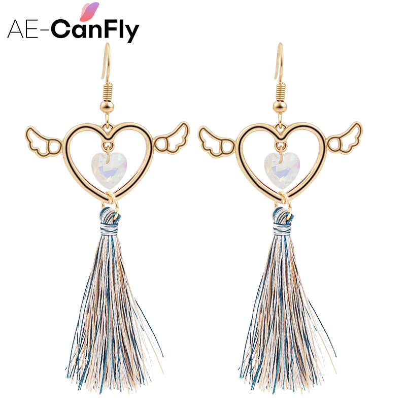 Download Cute Romantic Long Tassel Earrings Love Heart Wing Shape Dangle Drop Earring With Rhinestone ...