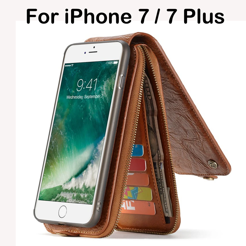Magnetic Detachable Back Cover With Strap For iPhone 7 Case Luxury Leather Wallet Zipper Card For iPhone 7 Plus Case For Women
