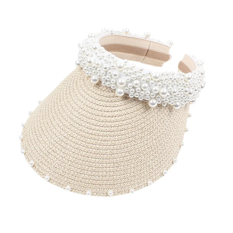 Summer Women Pearl Headband Hat Raffia Visor Caps For Girls Beach Hats Braided Fashion Cap Lady Summer Straw Sun Hat New