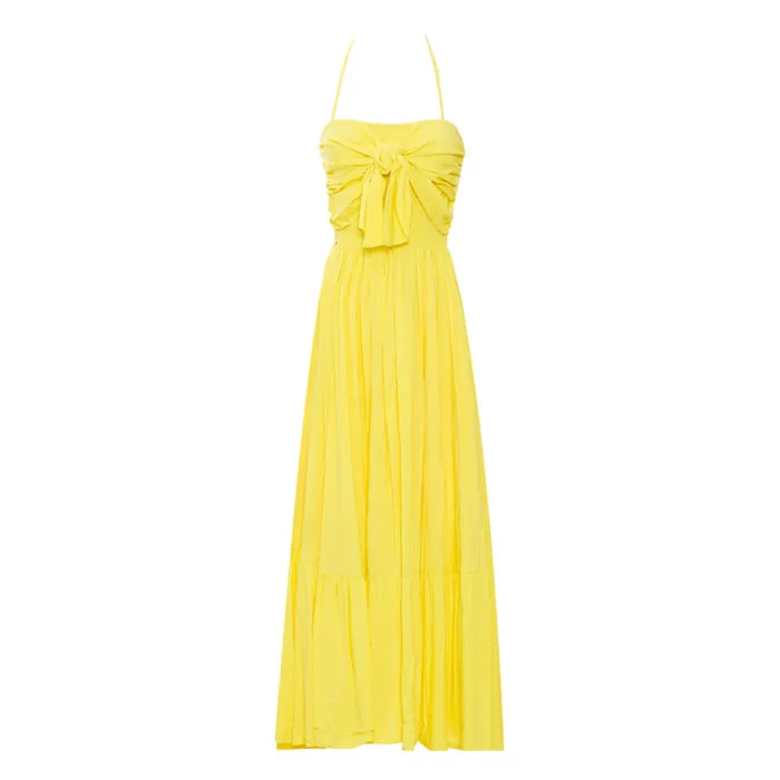 

2019 Summer New Women Dress Bowtie Off Shoulder Backless Halter Dress Sweet Yellow Mid Dress High Quality Vestidos Robe Femme