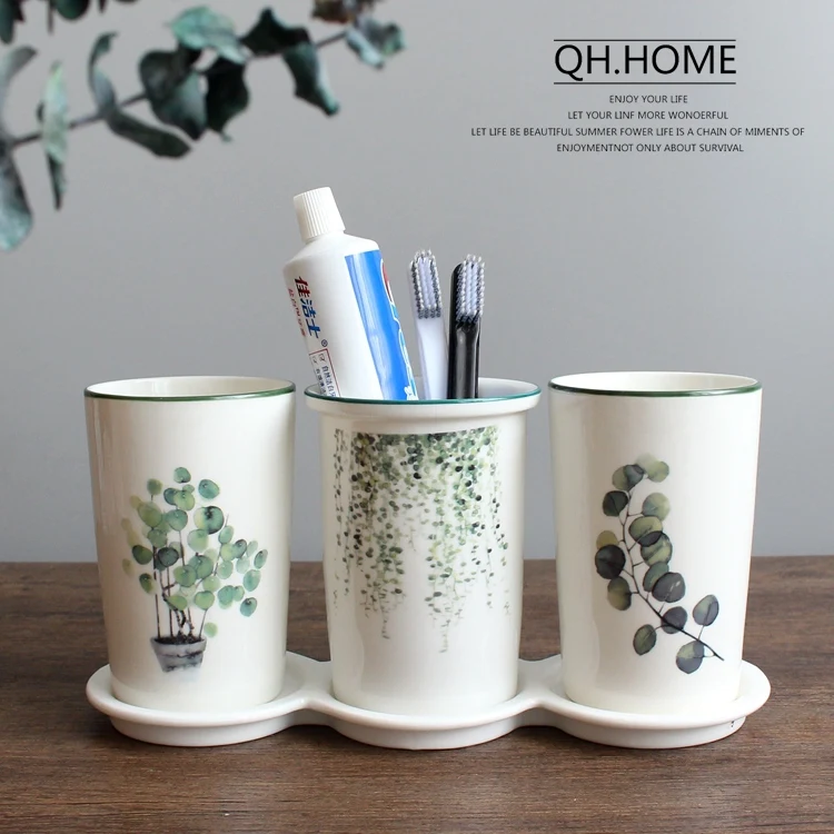 

Nordic green plant ceramic wash cup couple mouthwash cup set a pair of toothbrush cup household simple tooth cylinder cup four