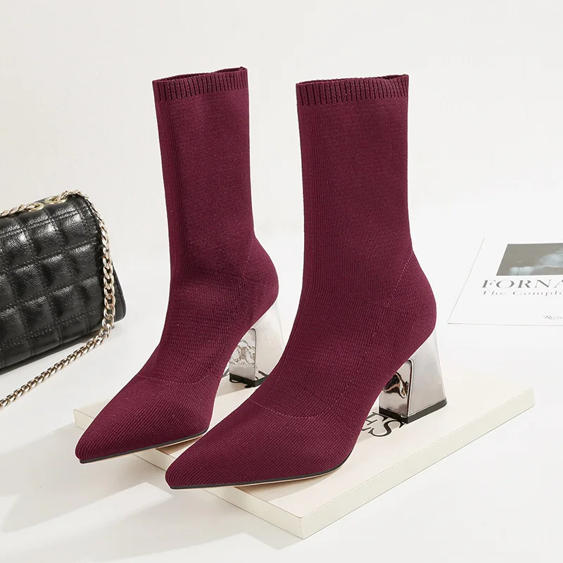 

Faux Suede Block Heels Boots Women's Autumn Winter Shoes 2019 Mid Calf Square High Heel Boots Stretch Sock Boots Ladies
