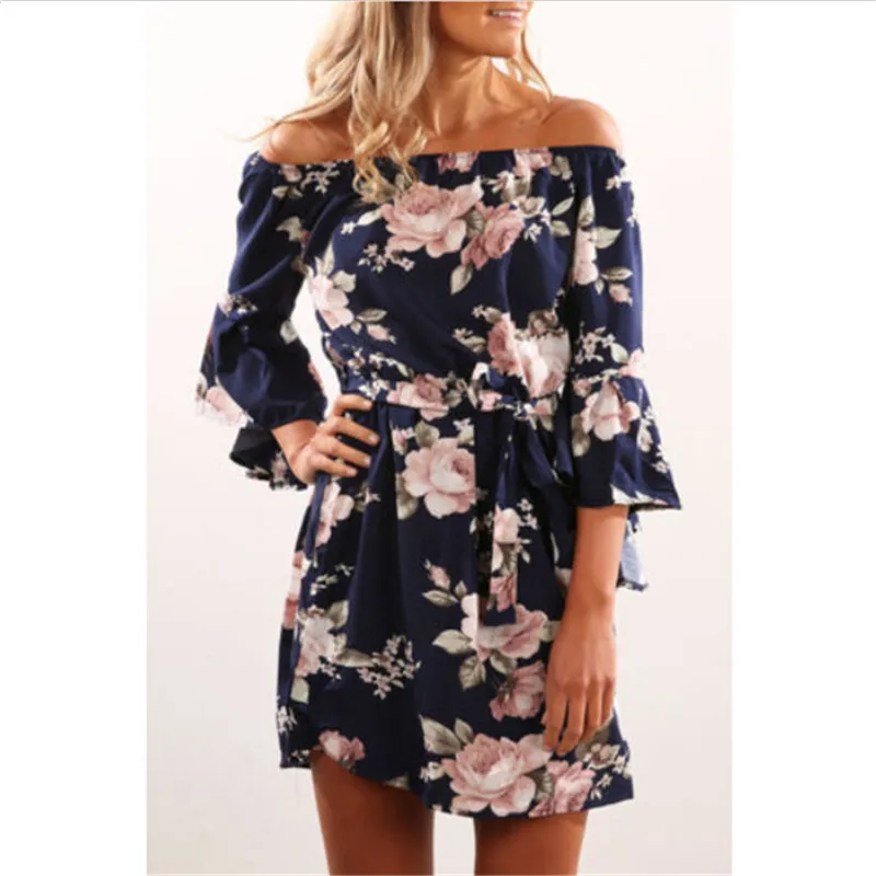 

Office Dress Sexy Women Summer Long Sleeve Off-Shoulder Casual Beach Sundress Floral Printed Mini Dress Vestidos Mujer