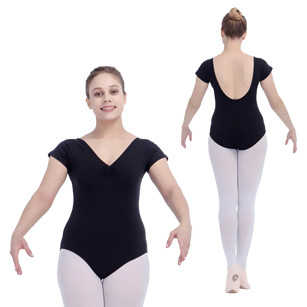 

Retail Wholesale Black Cotton/Lycra Cap Sleeve Ballet Dancing Leotard with Pinch Front for Ladies and Girls