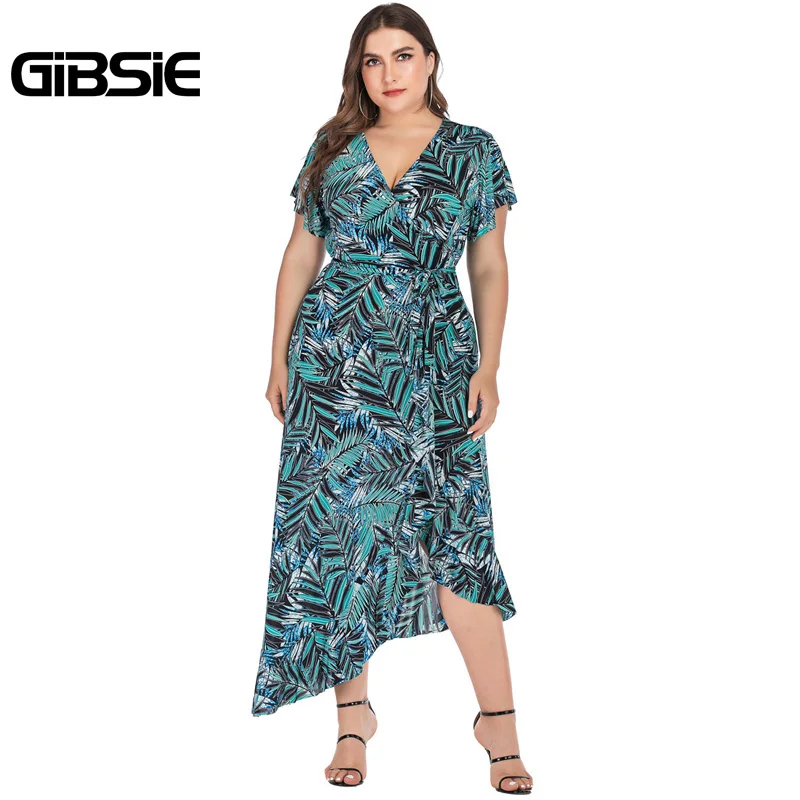 GIBSIE Plus Size Boho Tropical Print Long Dress Women Vacation Beach Casual V-Neck Butterfly Sleeve Asymmetrical Dress Summer