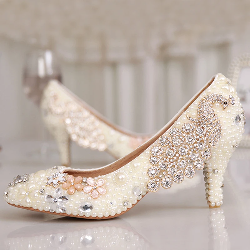 Graduation Ceremony Women Kitten Heel White Pearl Wedding Shoes Luxury ...