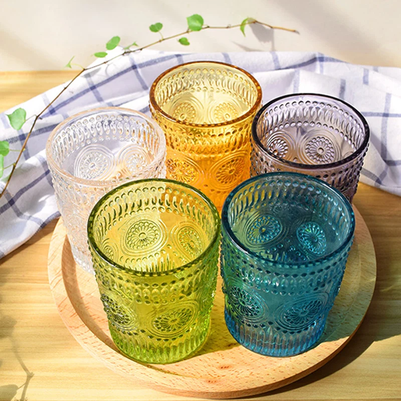 300ml Classic Glass Beer Mug Colorful Embossed Glass Cups Retro Style