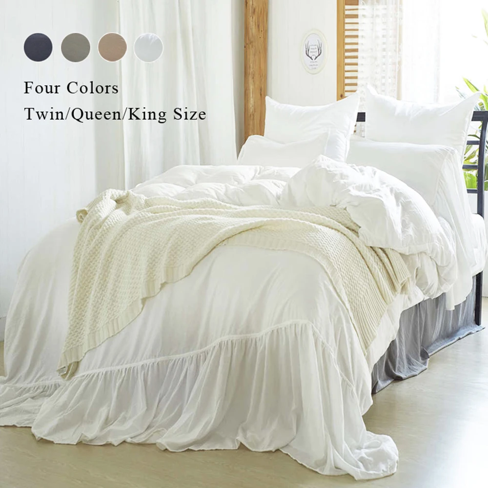 Twin Off White Washed Cotton Duvet Cover Set Twin Bedding Sets Soft Wrinkled Solid Design