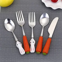 Boys &Girls Stainless Steel Utensils Cute Carrot Handle Cutlery Creative Children Spoon Fruit Fork Newborn Baby Fedding Utensils