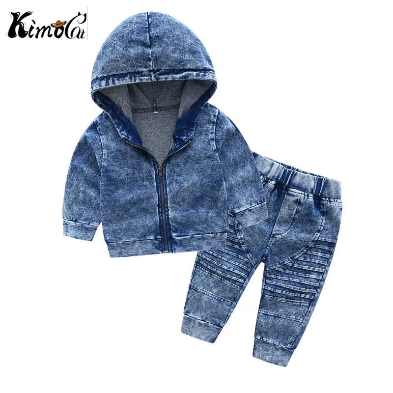 Goede Kimocat Herfst nieuwe Charismatische guy kinderen hooded lange mouwen gebreide denim pak jongen tweedelige
