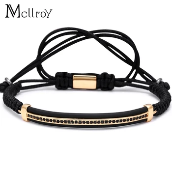

Mcllroy CZ Black & White CZ Braiding Handmade Bead Bracelet,Zirconia Paved Bend Bar Charm Macrame Rope Chain For Lover Bangle