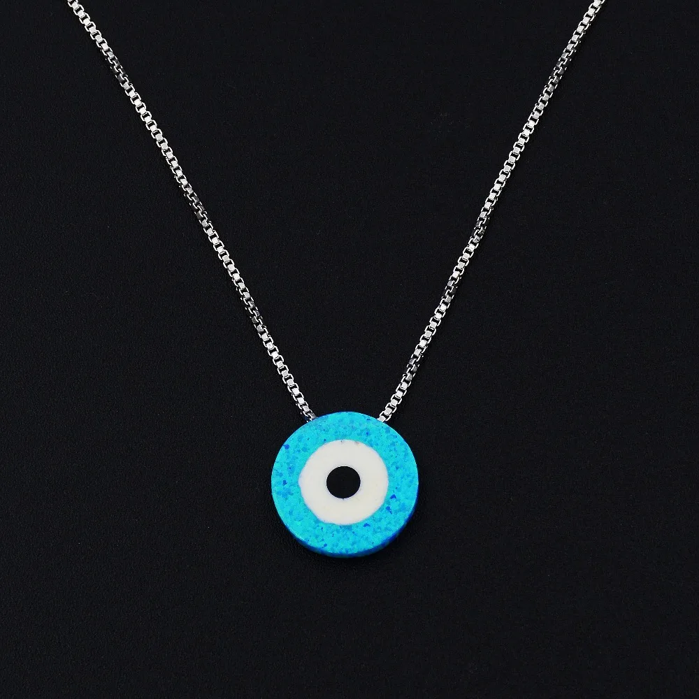 Ocean Blue Opal Evil Eye Religious Pendant Necklace with Lab created
