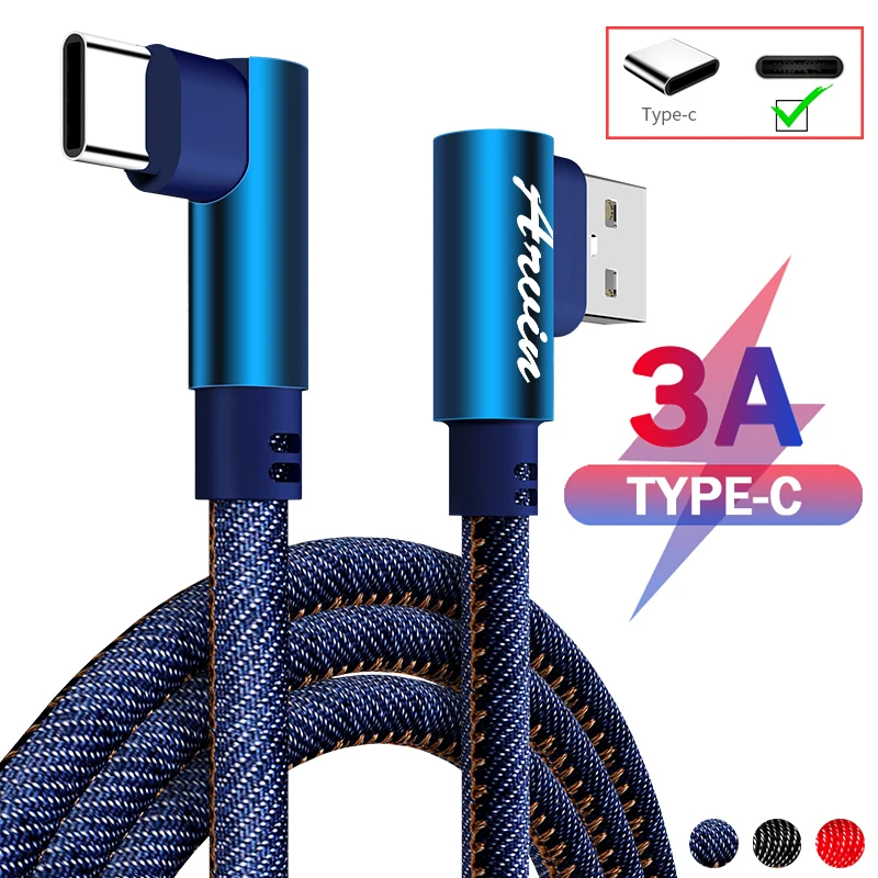 

USB Type C Cable For Samsung S10 S9 S8 Mate 20 Pro 3A Fast Charging USB C Data Cable For Redmi Note 7 Pro Charger Cord 90 Degree