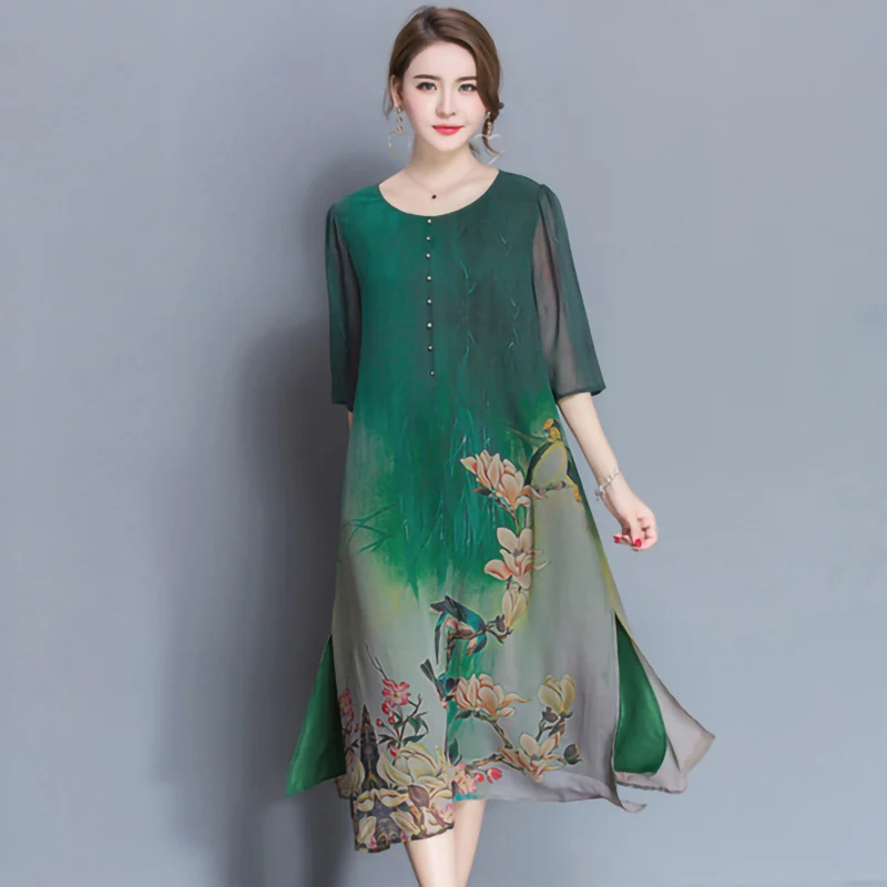 Зеленое шелковое платье с пуговицами, половина рукава, цветочный принт, элегантные китайские макси платья для женщин 2020, летнее платье для женщин размера плюс|Платья| | АлиЭкспресс